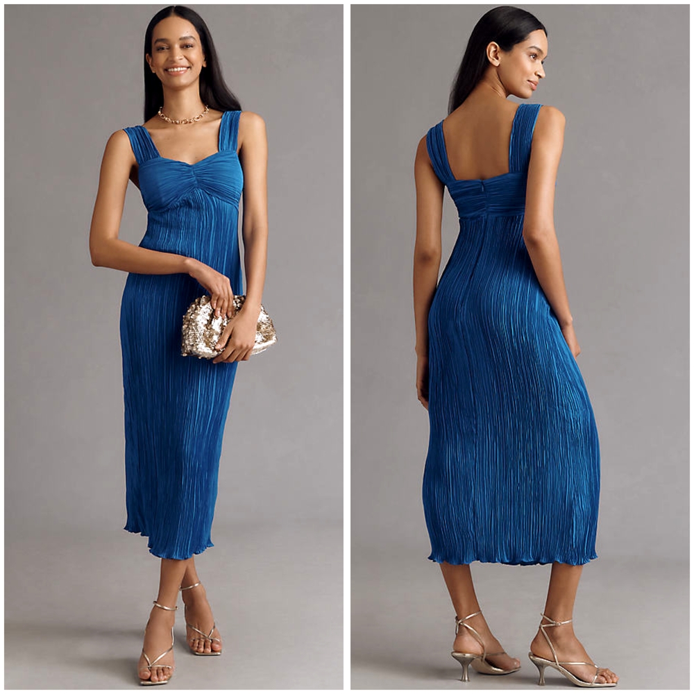 Anthropologie Pleated Satin Midi Dress In Blue